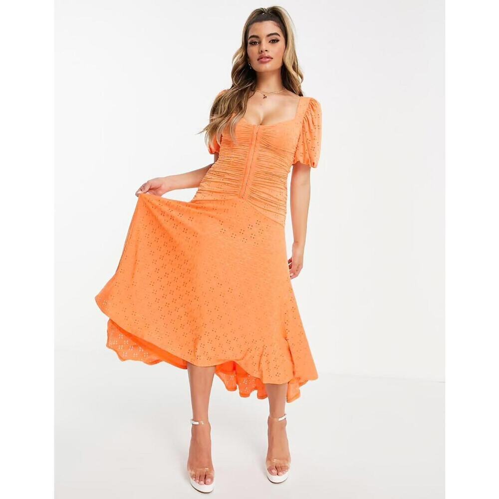ASOS DESIGN Orange Puff Sleeve Eyelet Ruched Midi Dress